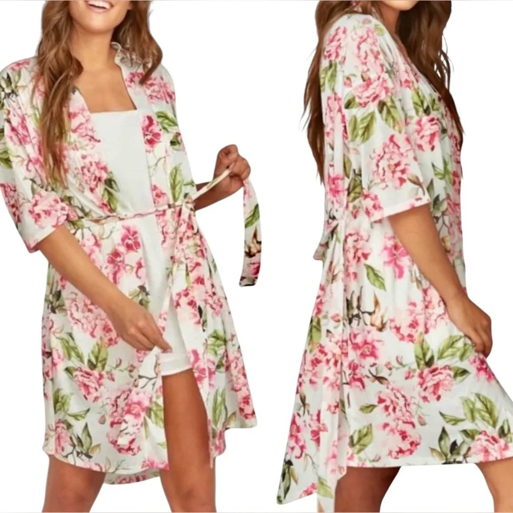 Show Me Your Mumu BRIE Robe Kimono Pink Floral Bridal Beach Cover-Up One‎ Size